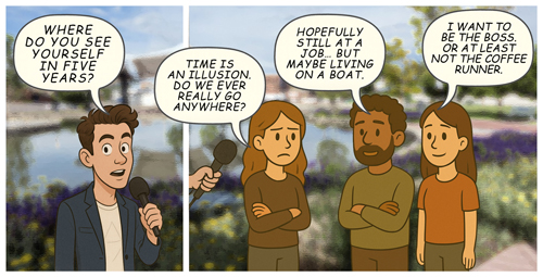 Comic strip where an interviewer asks random people where they see themselves in 5 years