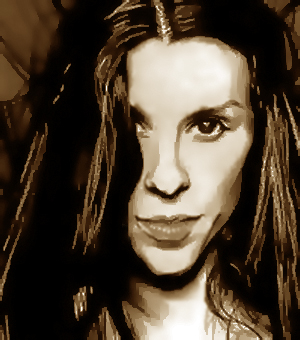Stylized, sepia-toned brush-stroke portrait of Alanis Morissette with long dark hair parted in the center, gazing directly at the viewer, and on hover, a pop art version of the former image in red and black, also with a contemplative expression