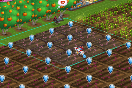 FarmVille 2 screenshot detail showing plots with Crimean Iris seeds about to be watered by the water plane, which can cover a maximum of 9 crop plots per drop