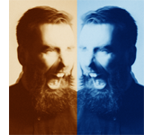 Image of a distraught or excited man in sepia facing his reflection in blue.
