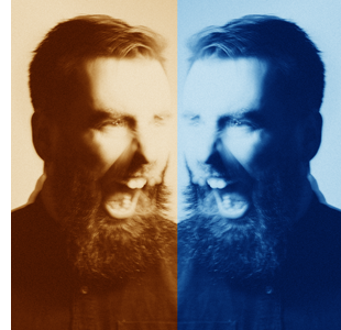 Image of a distraught or excited man in sepia facing his reflection in blue, both seemingly blowing up upon cursor hover.