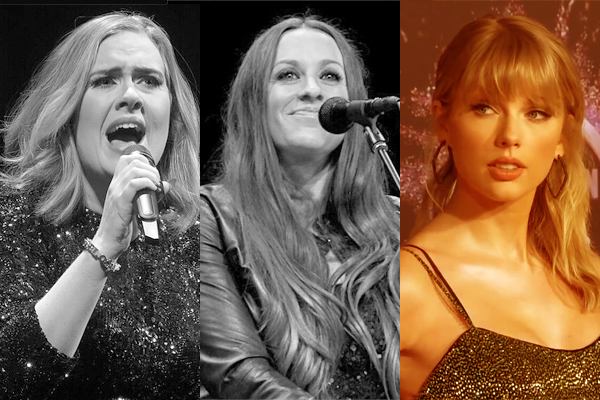 Singers Adele, Alanis Morissette (both with microphones), and Taylor Swift seemingly looking their way in a stylized collage of separate photographs