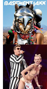 Composite of Basement Jaxx album art and photo of Robin Thicke singing Blurred Lines with Miley Cyrus twerking